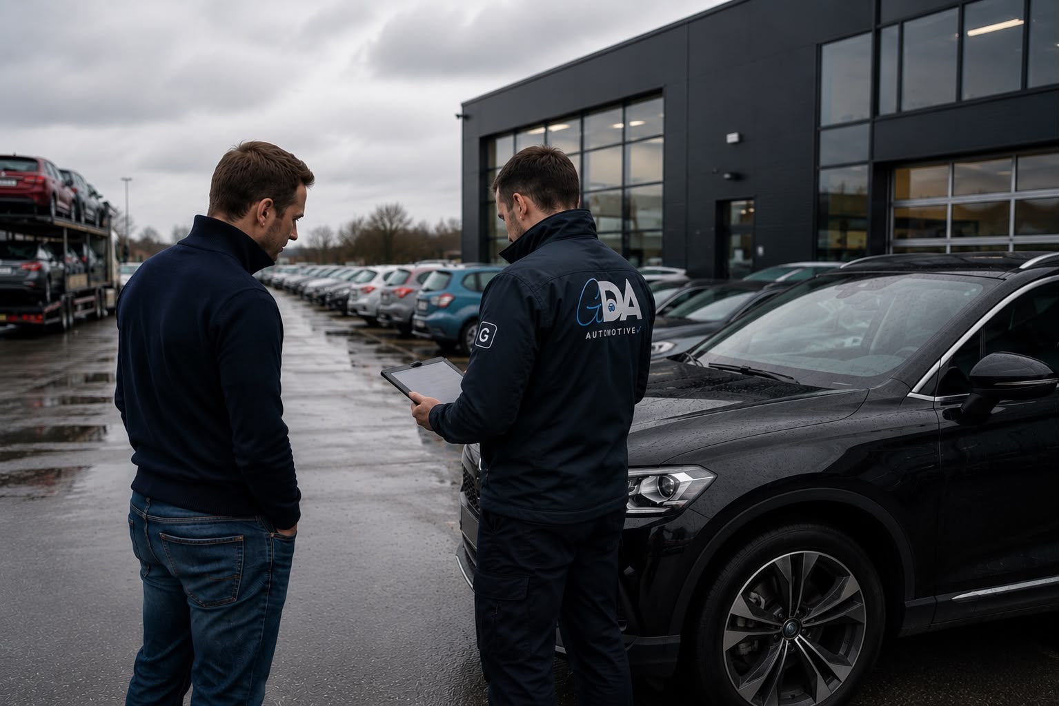 Inspecteurs van GDA Automotive beoordelen leasevoertuigen op het terrein