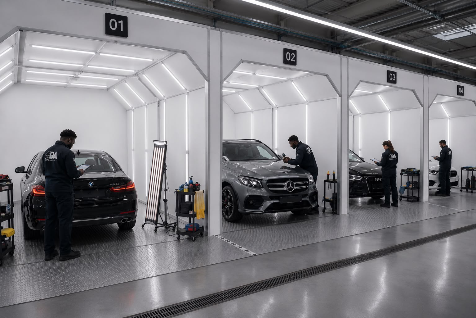 Inspecteurs van GDA Automotive keuren voertuigen in de inspectiehal